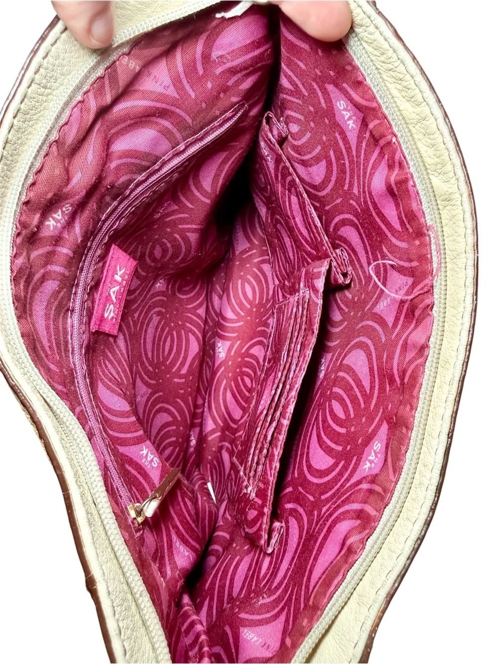 Vintage PINK LABEL The Sak Leather Hobo Shoulder Bag Cream Slouchy Boho Y2K